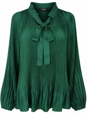 NWT Papillon Emerald Green Pleated Tie Neck Blouse XS Extra Small